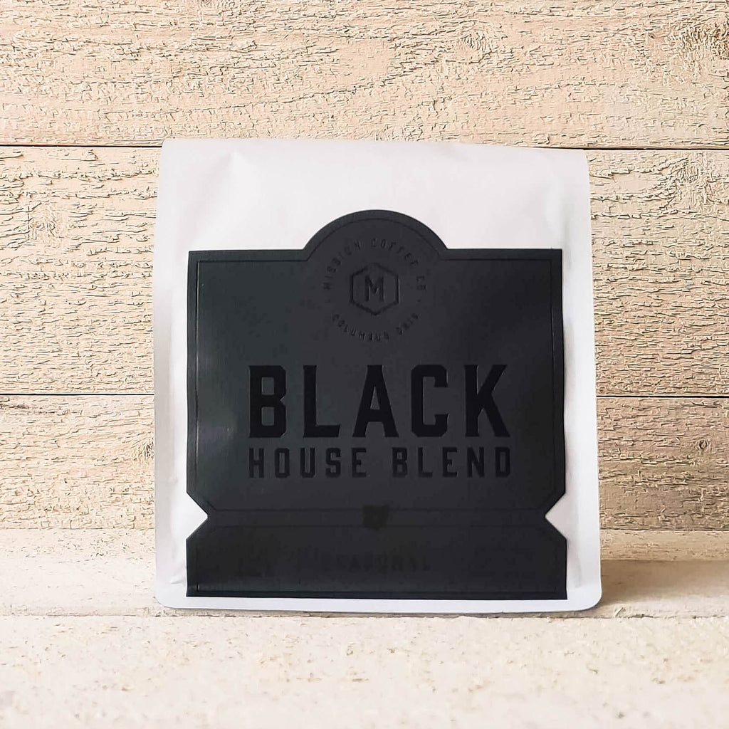 BLACK HOUSE BLEND - Mission Coffee Co. LLC Ethically sourced, local coffee roasted in Columbus Ohio USA, 12 ounce (12oz) bags can be ground coffee or whole bean.  