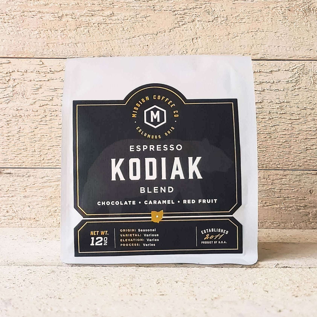 KODIAK ESPRESSO BLEND - Mission Coffee Co. LLC Ethically sourced, local coffee roasted in Columbus Ohio USA, 12 ounce (12oz) bags can be ground coffee or whole bean.  
